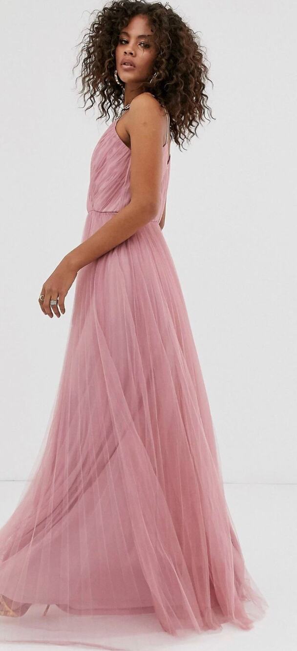 ASOS Pleated Tulle A-Line Faux Wrap Maxi Dress in Dusty Pink Size 6